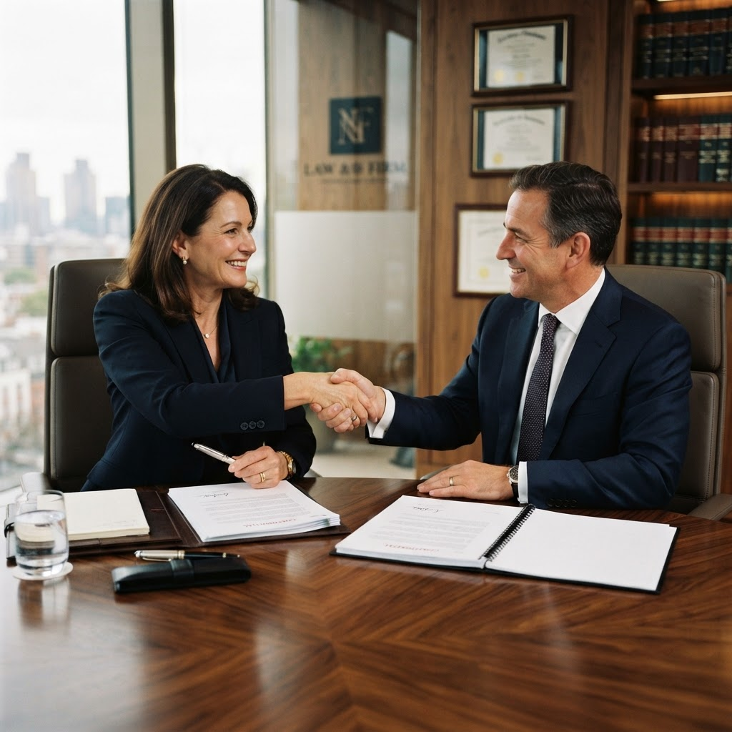 Two professionals shaking hands across a boardroom table